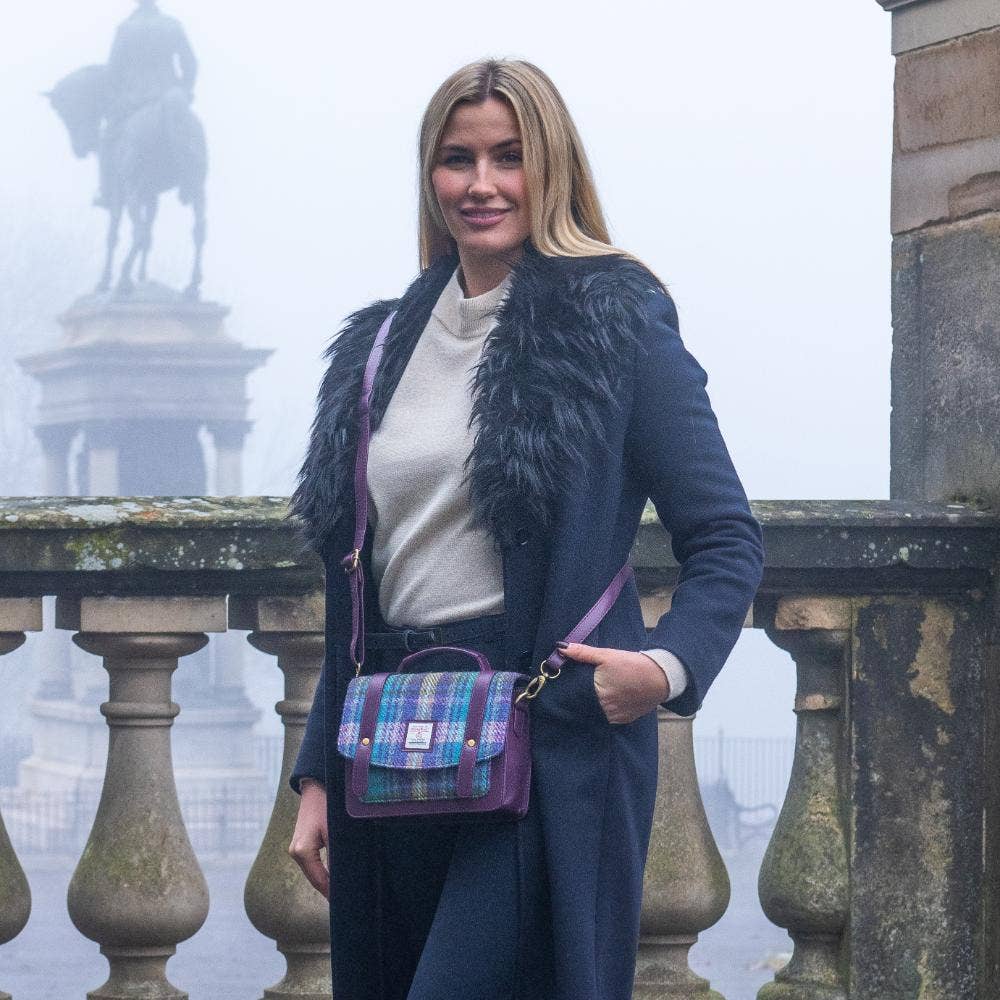 Harris Tweed Ladies Mini Messenger Satchel Bag Green Purple