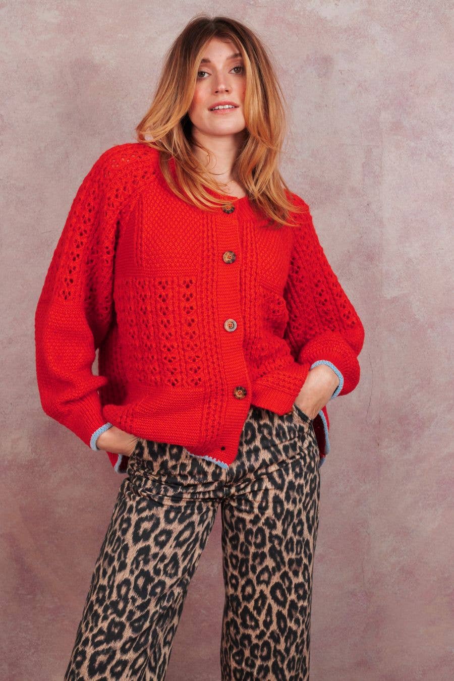 Brigit Pointelle Stitch Balloon Sleeve Cardigan
