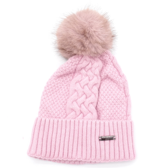 Red Cuckoo Pink Cable Knit PomPom Hat