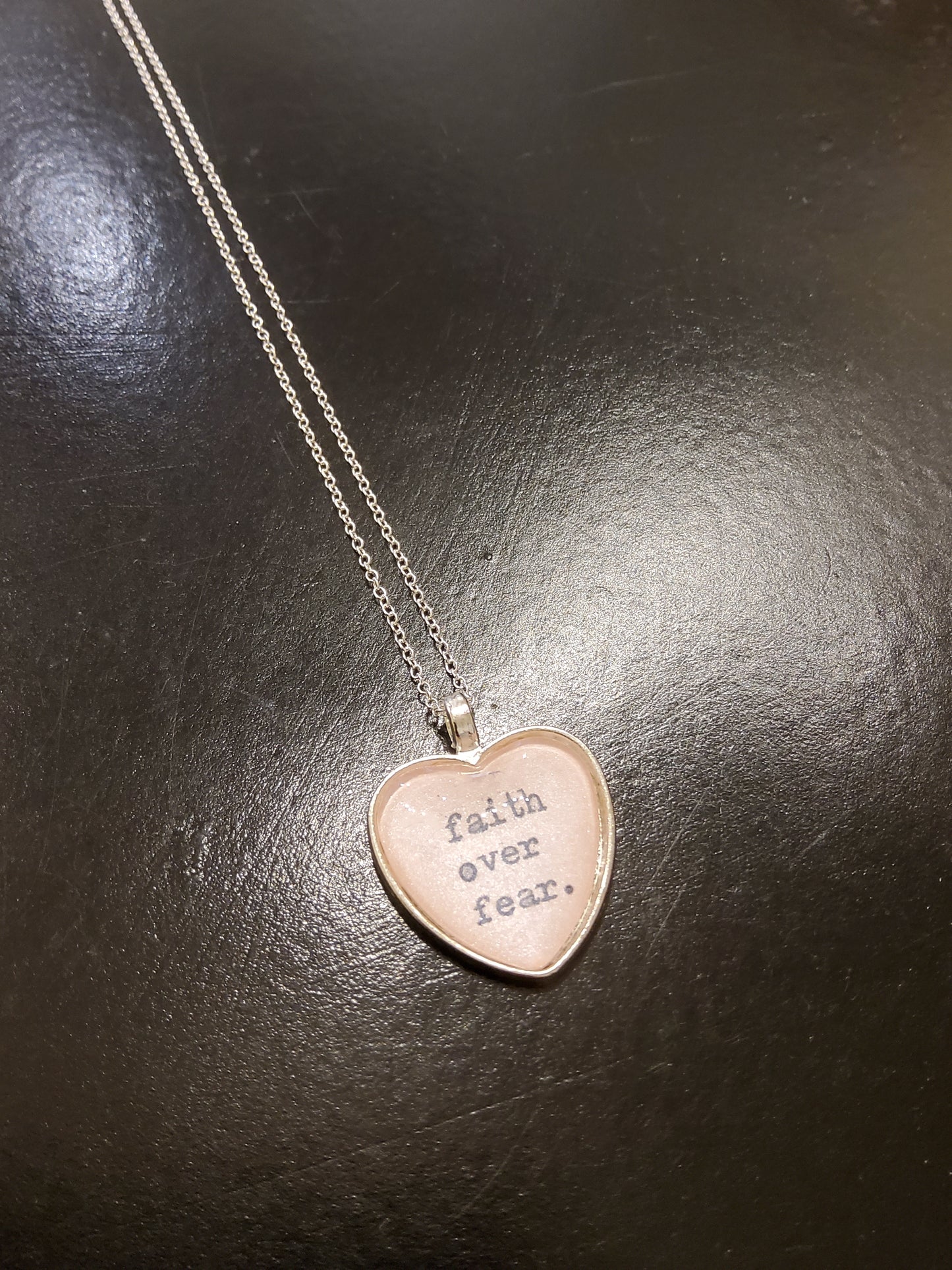 'Faith over Fear' Pink Heart Necklace with Silver Chain