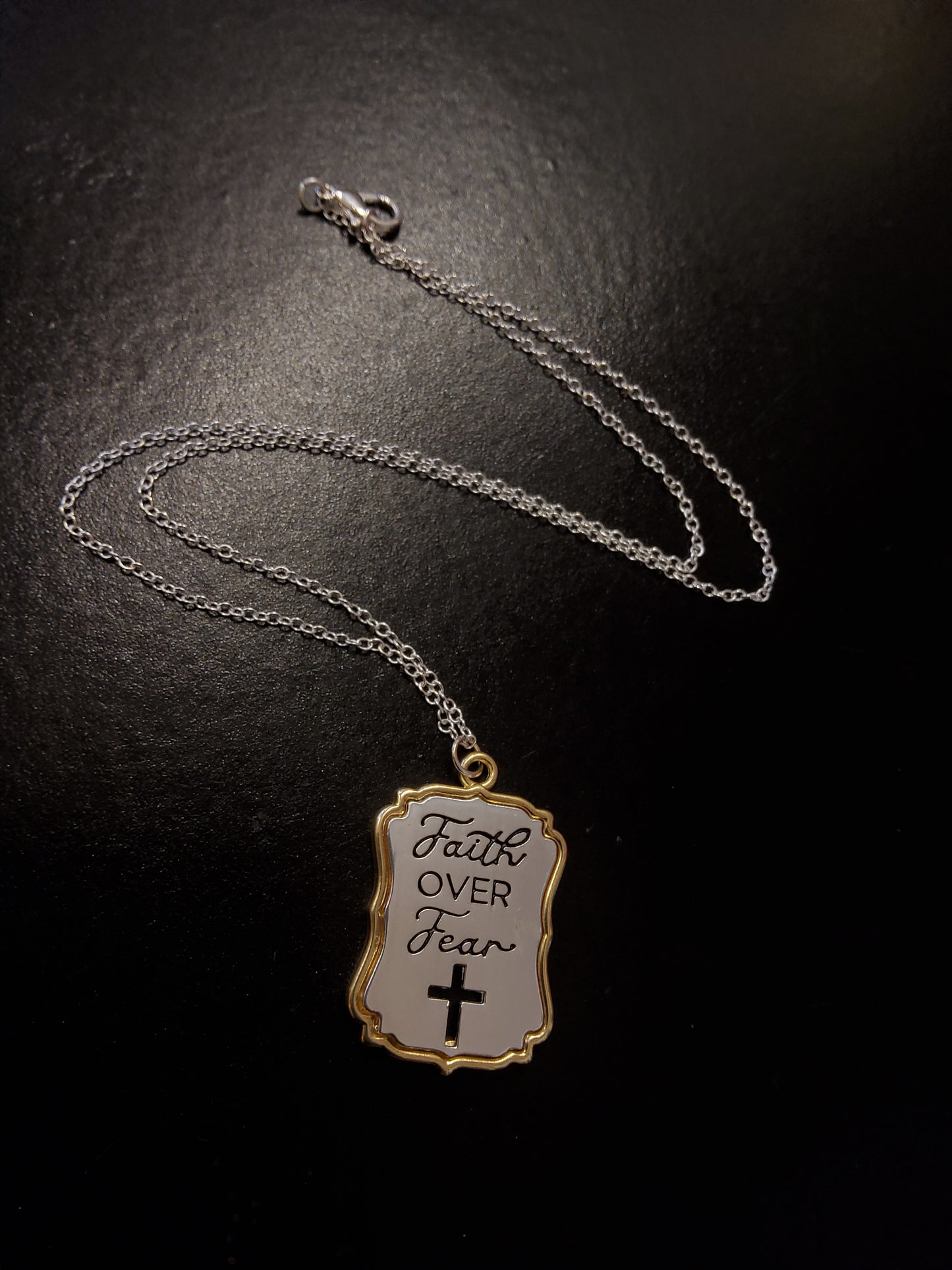 'Faith over fear' Pendant with Cross Cut-out (Silver Chain)