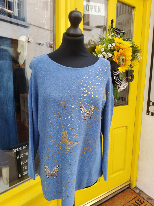 Blue Gold Foil Butterfly Jumper