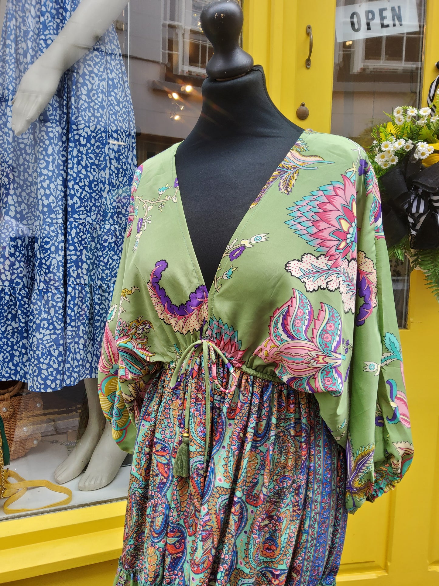Green Mixed Print Boho Maxi Dress