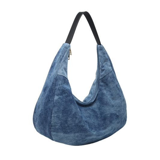 Blue denim handbag with a black handle