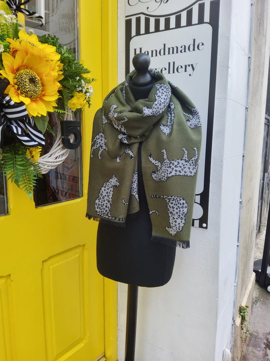 Olive snow leopard blanket scarf