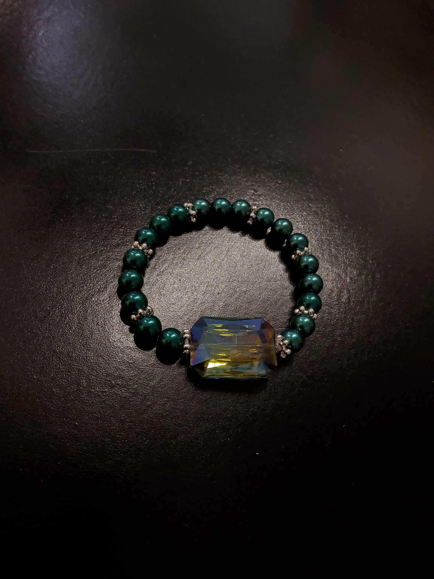 Dark Teal Pearl Bracelet with Large Crystal
