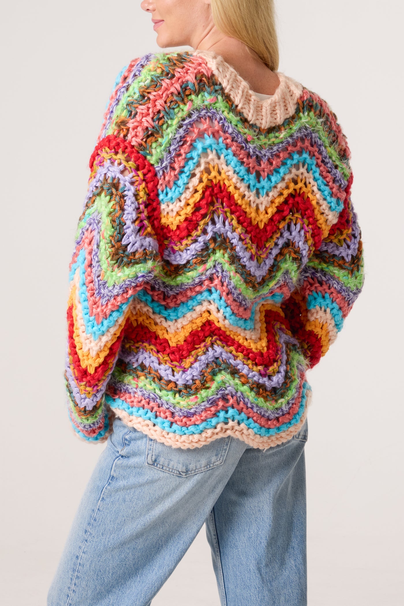Multicoloured Zigzag Knitted Chunky Cardigan