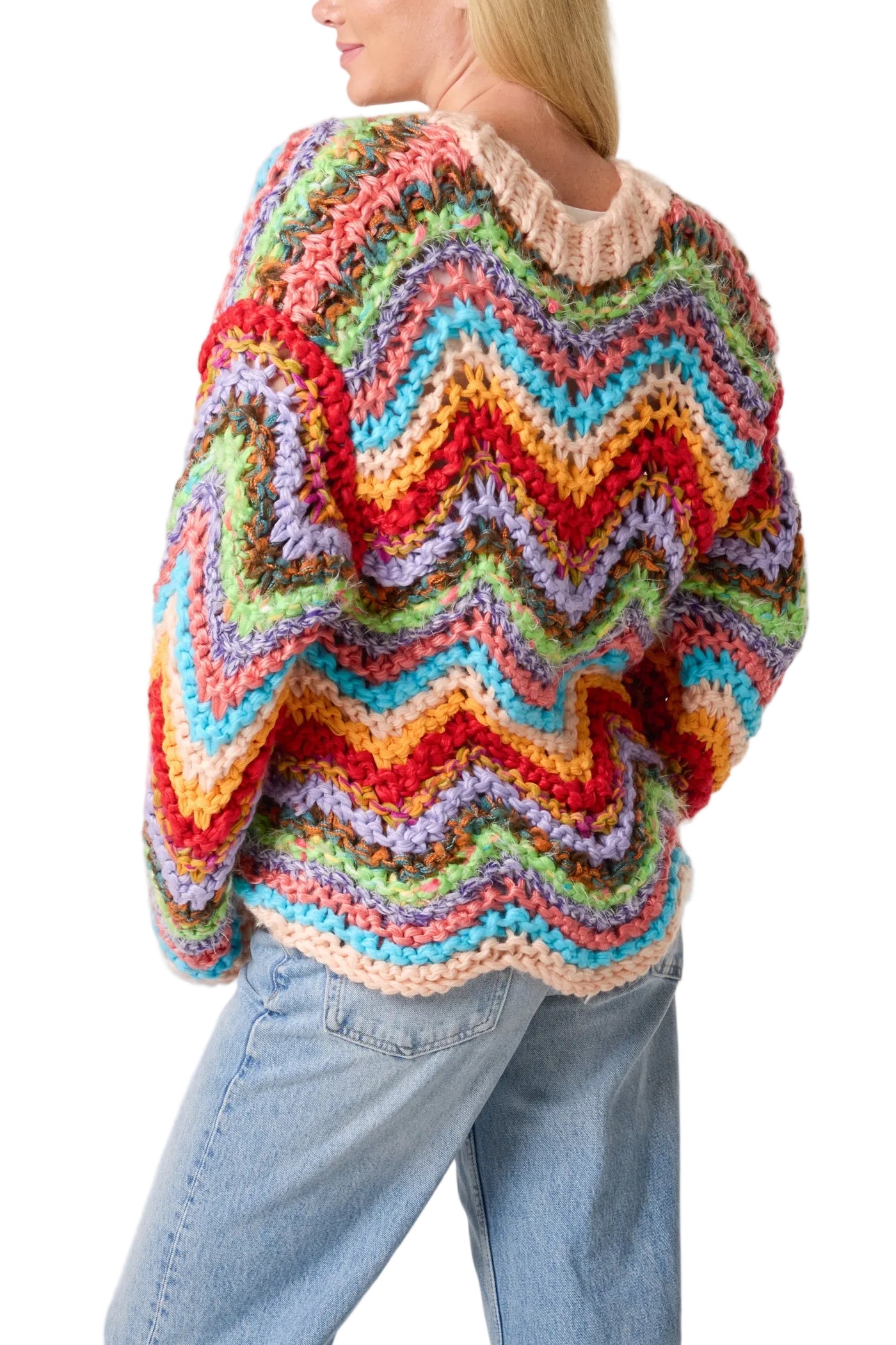 Multicoloured Zigzag Knitted Chunky Cardigan