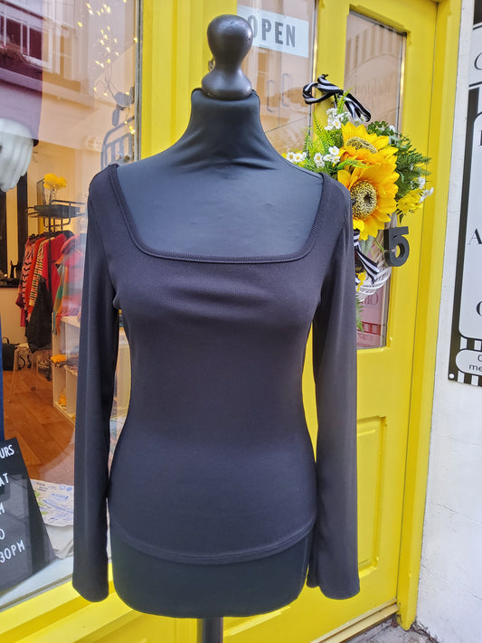 Black Square Neck Ribbed Long Sleeve Top