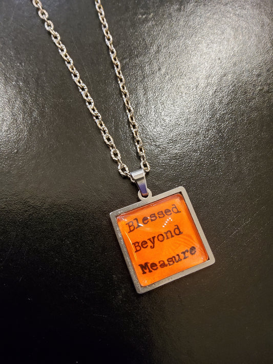 'Blessed Beyond Measure' Orange Square Pendant Necklace