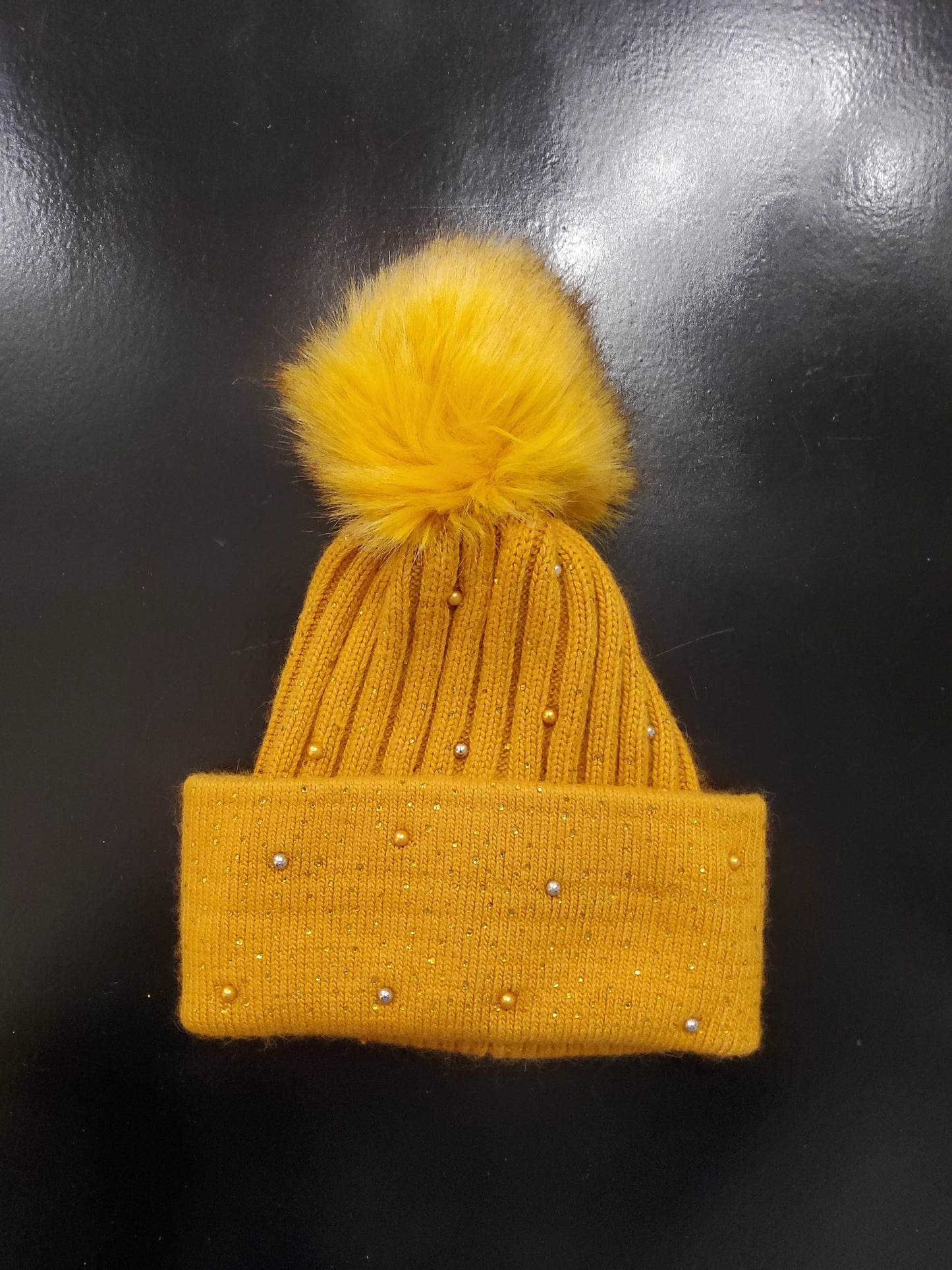 Sparkle Detail Mustard PomPom Hat