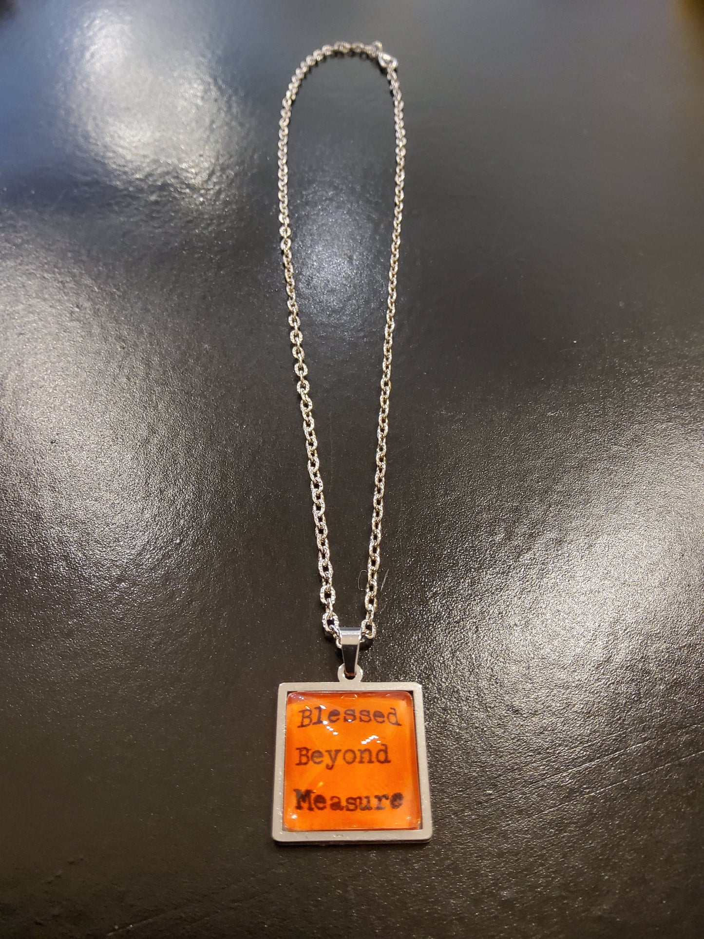 'Blessed Beyond Measure' Orange Square Pendant Necklace