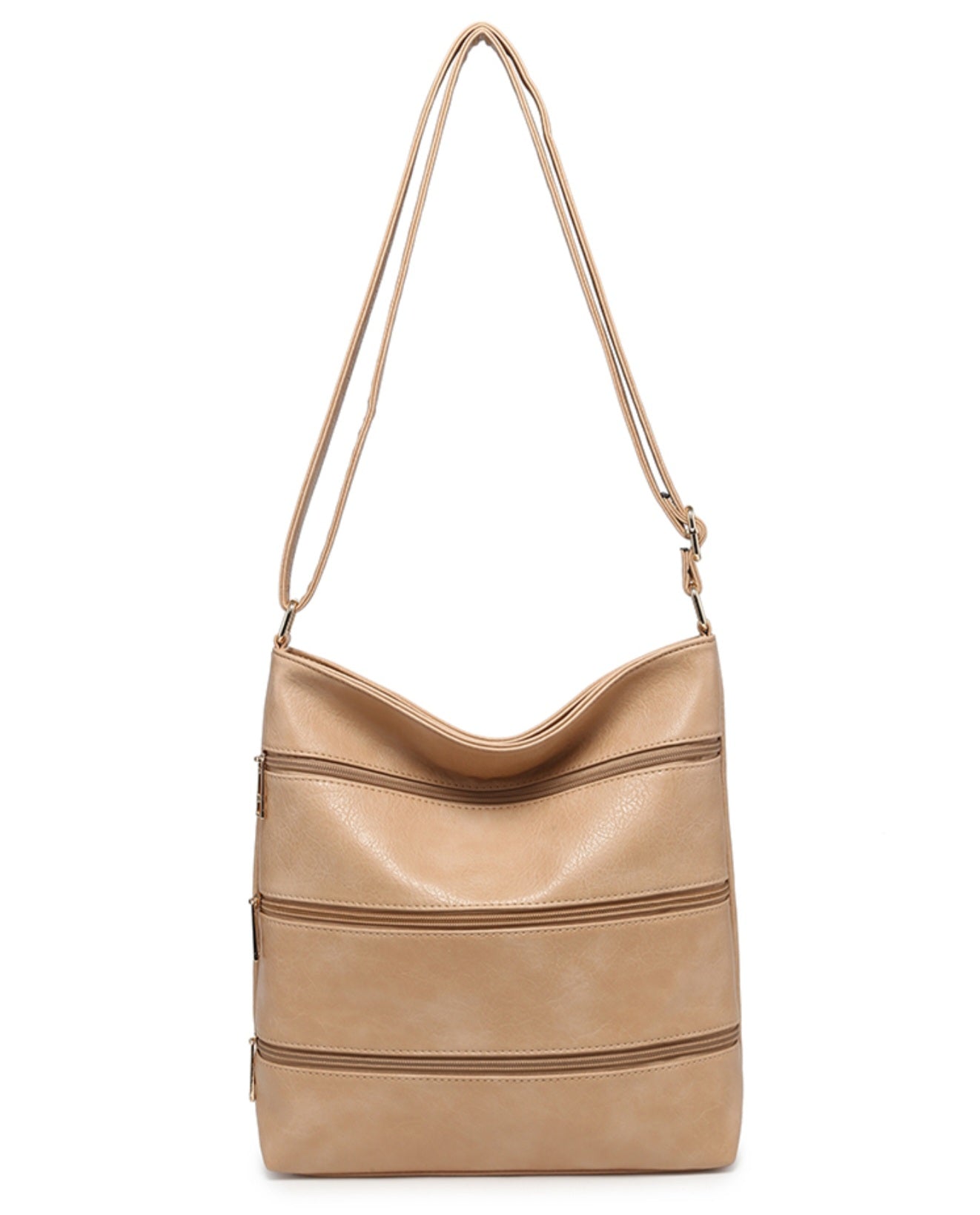 Tan Triple Zip Crossbody Bag