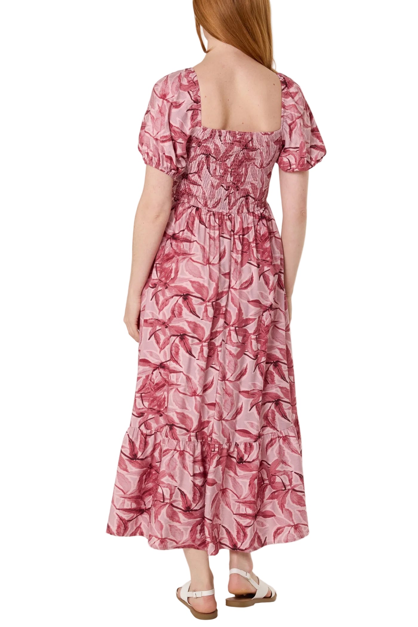 Leaf Print Square Neck Smock Dress