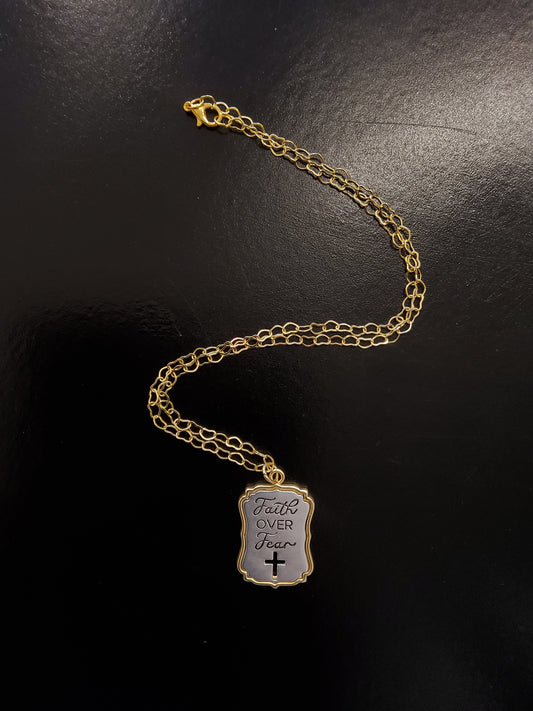 Faith over Fear Cross Cut out Pendant with Heart Chain