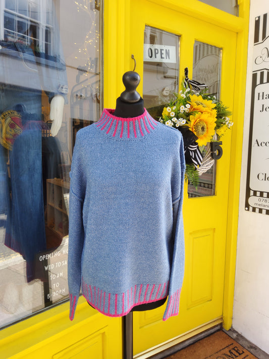 Denim and Pink Contrast Stripe Trimmed Jumper