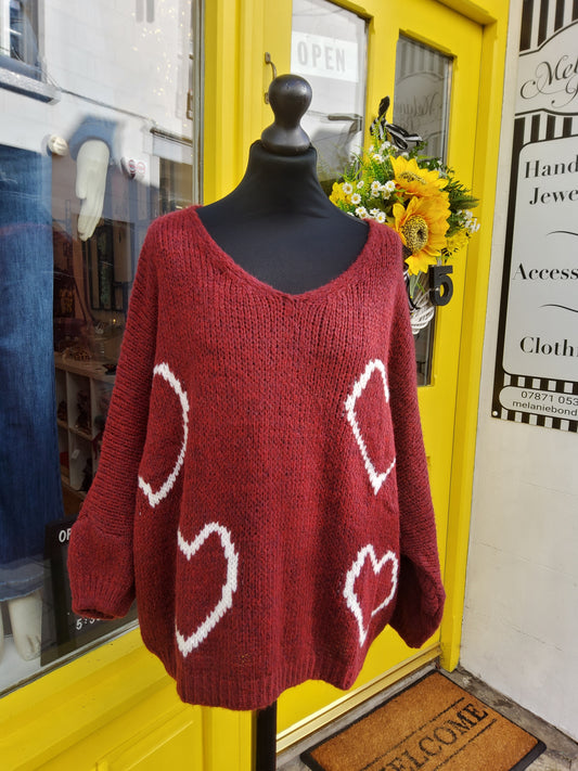 V-Neck Burgundy Heart Jumper
