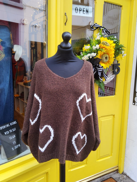 V-Neck Brown Heart Jumper