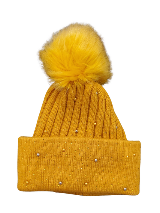Sparkle Detail Mustard PomPom Hat