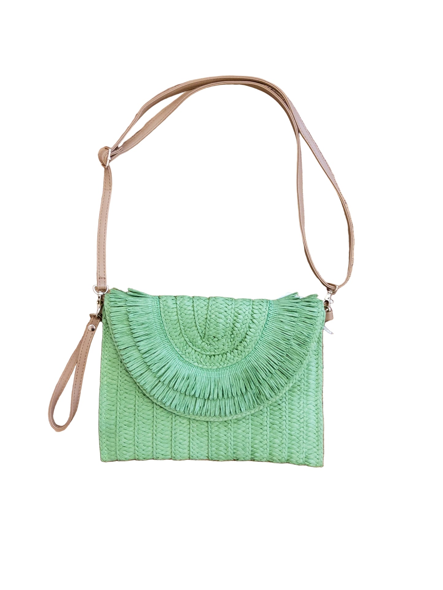 Green Woven Straw Fringe Crossbody Bag