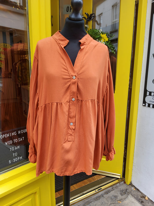 Rust Batwing Ruffle Sleeve Smock Blouse