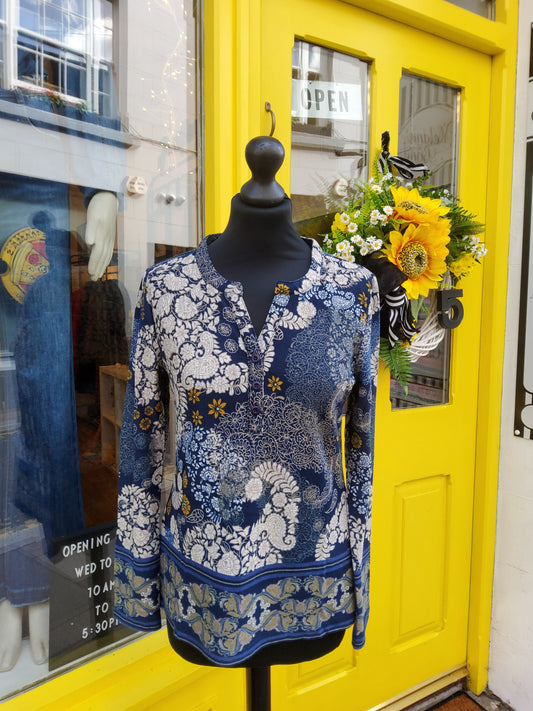 Soft Patterned Blue Long Sleeve Paisley Top