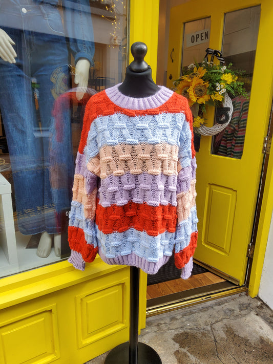 Mandy Criss-Cross Stitch Balloon Sleeve Stripe Jumper - Orange