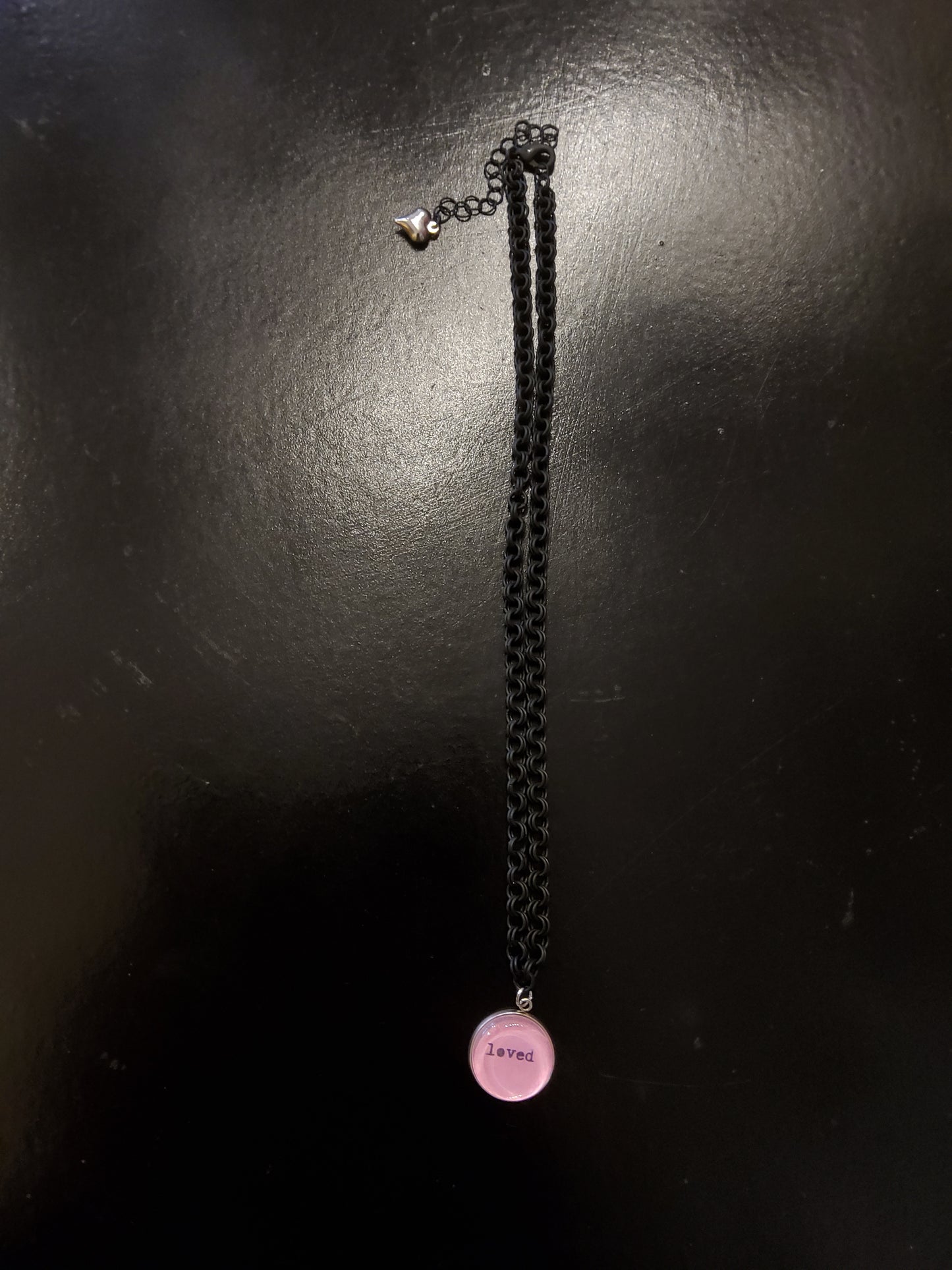 'Loved' Pink Pendant Necklace with Black Chain