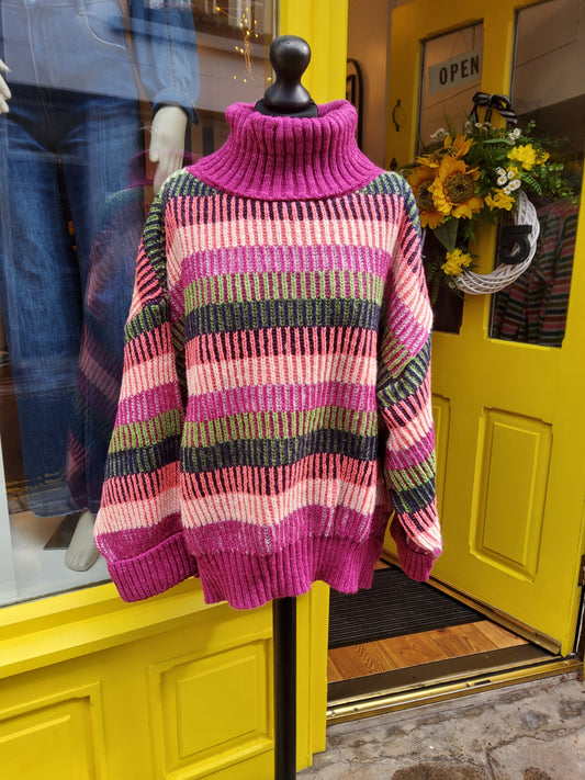 Cara & the Sky Tasha Oversized Balloon Sleeve Stripe Roll Neck Jumper - Purple