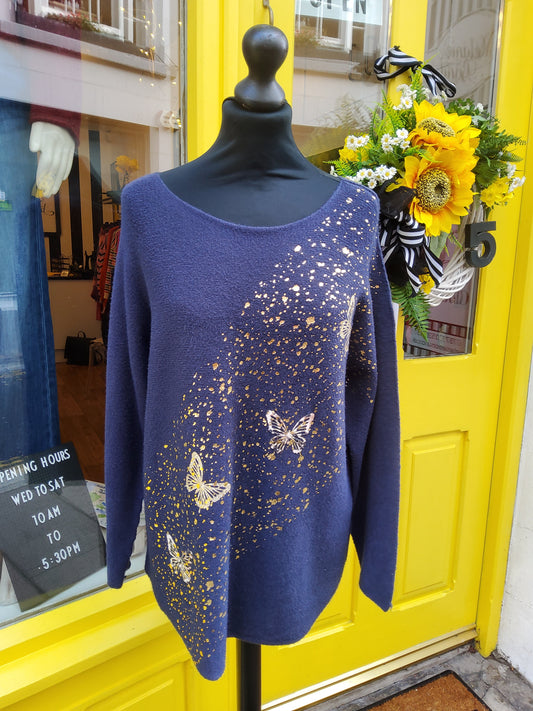 Navy Gold Foil Butterfly Jumper