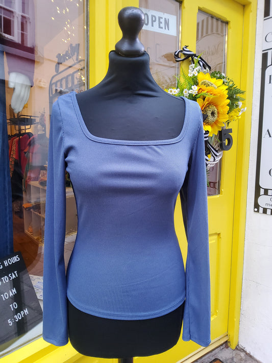 Denim Square Neck Ribbed Long Sleeve Top