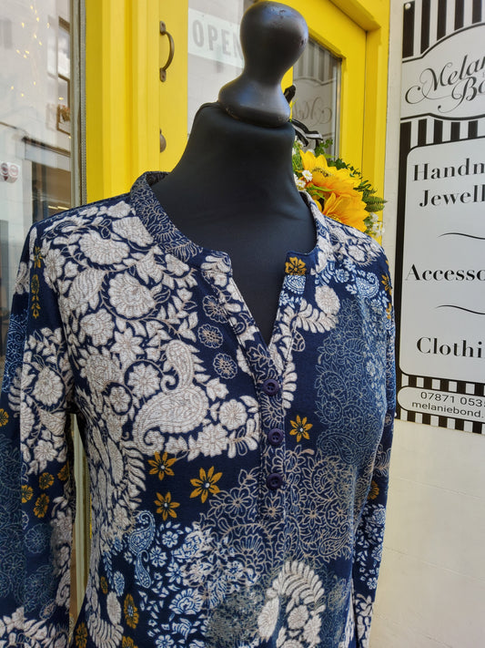 Soft Patterned Blue Long Sleeve Paisley Top