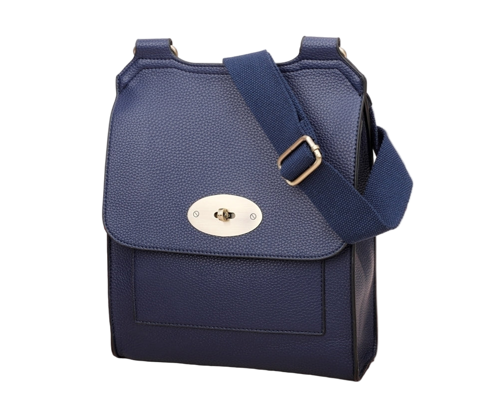 Navy crossbody with small gold clasp