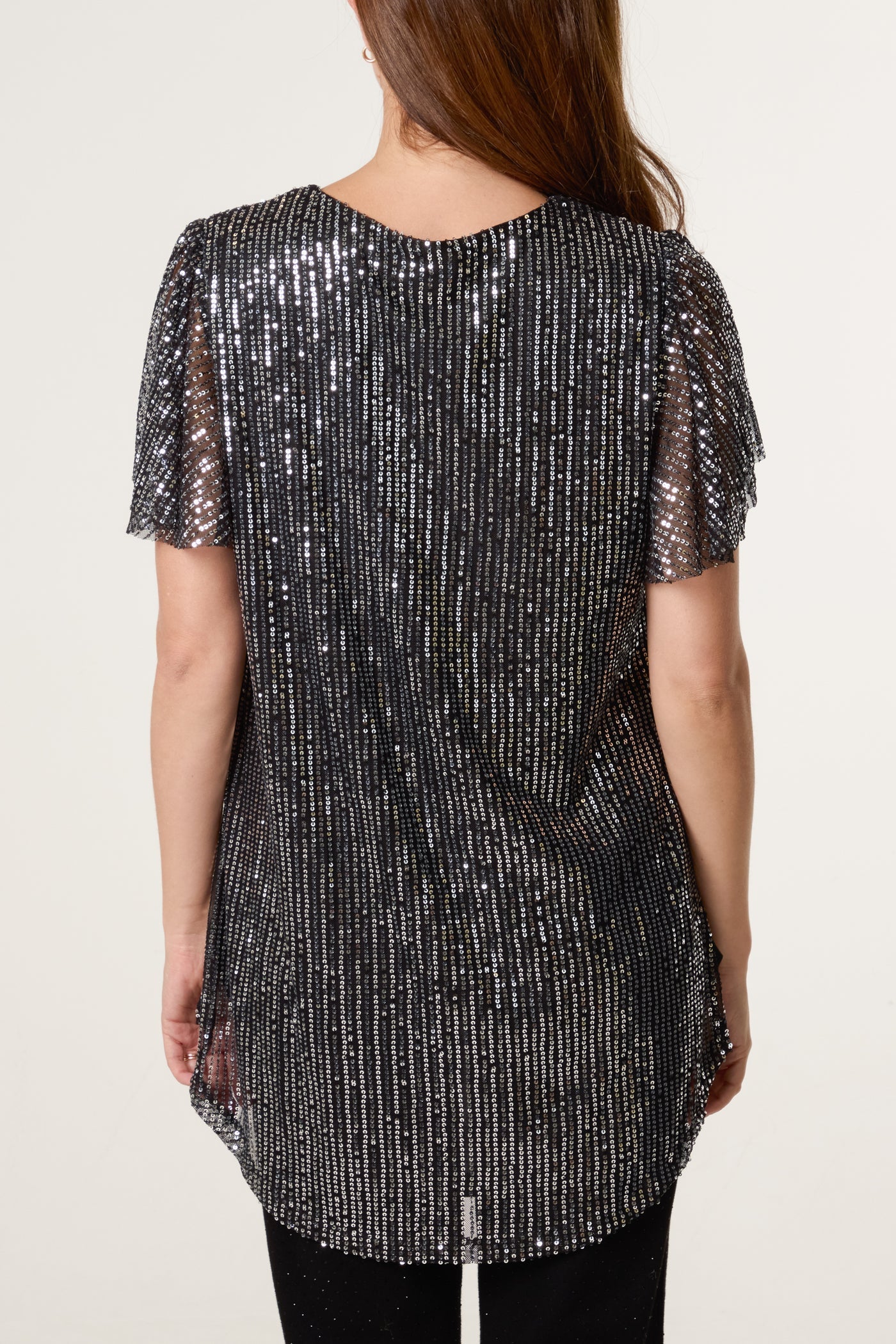 Dark Silver Angel Sleeve V-Neck Sequin Top