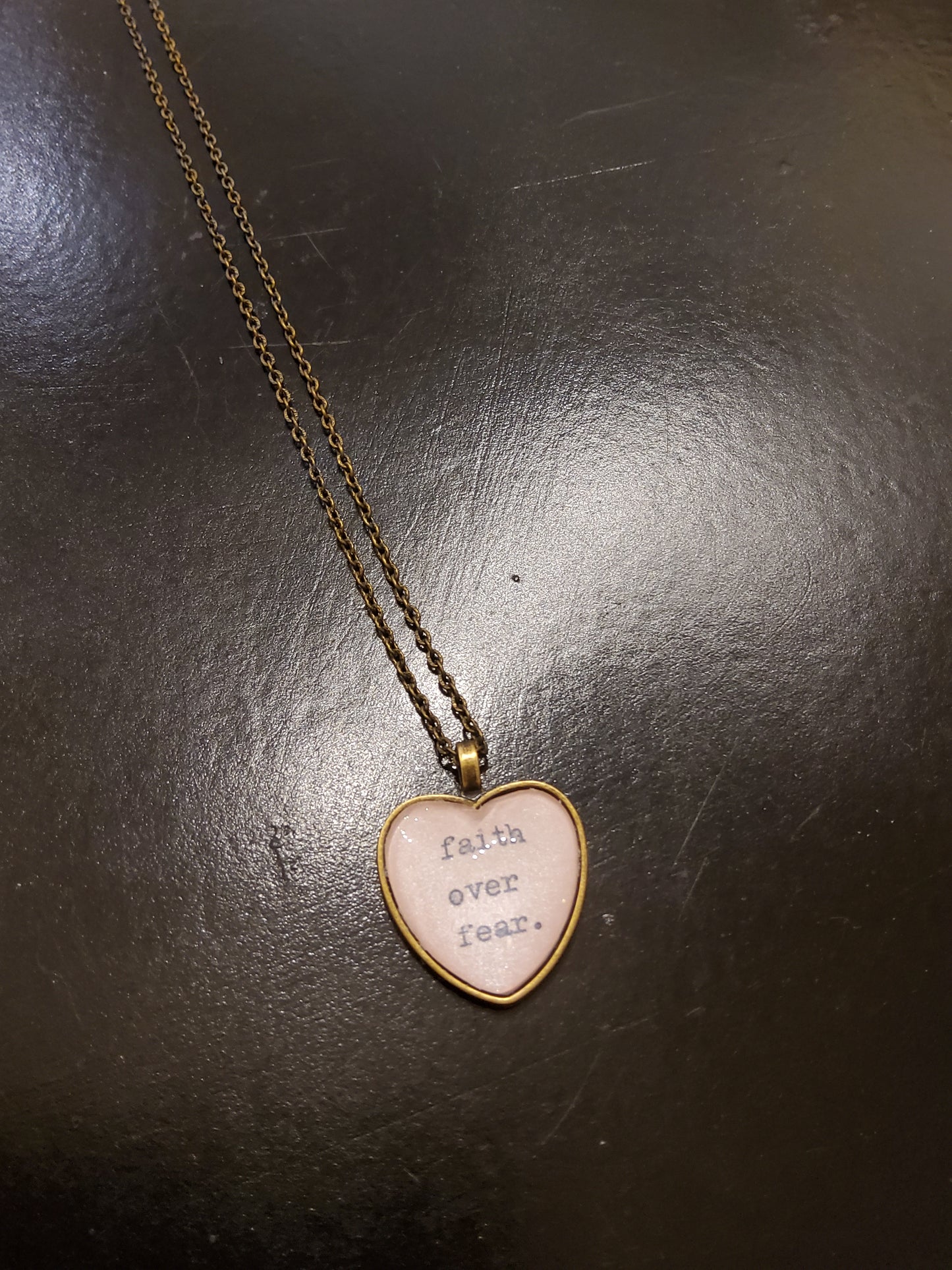 'Faith over Fear' Pink Heart Necklace with Bronze Chain