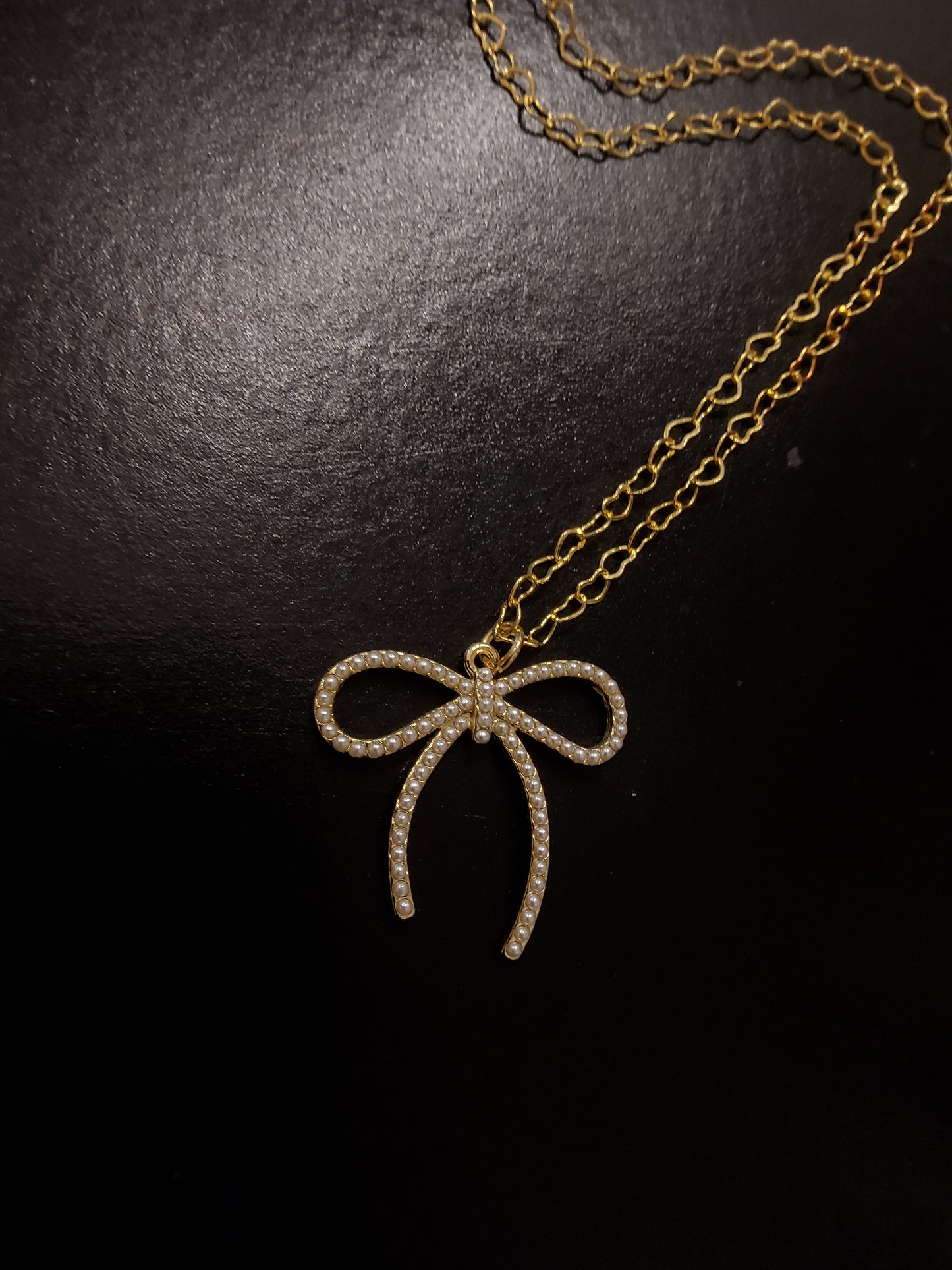 Gold Diamanté Bow Necklace with Heart Chain