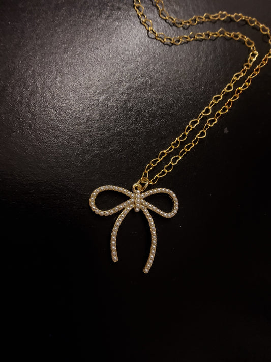 Gold Diamanté Bow Necklace with Heart Chain