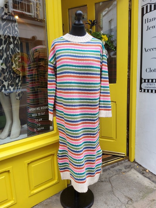 Cara & the Sky Becca Rainbow Stripe Knitted Midi Dress - Rainbow
