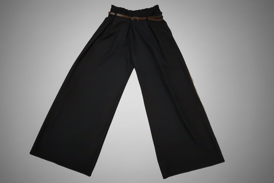 Wide Leg Black Trousers with Brown Belt - LAST ONE!