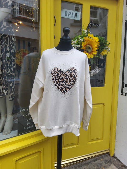 Embellished Cream Animal Print Love Heart Sweatshirt