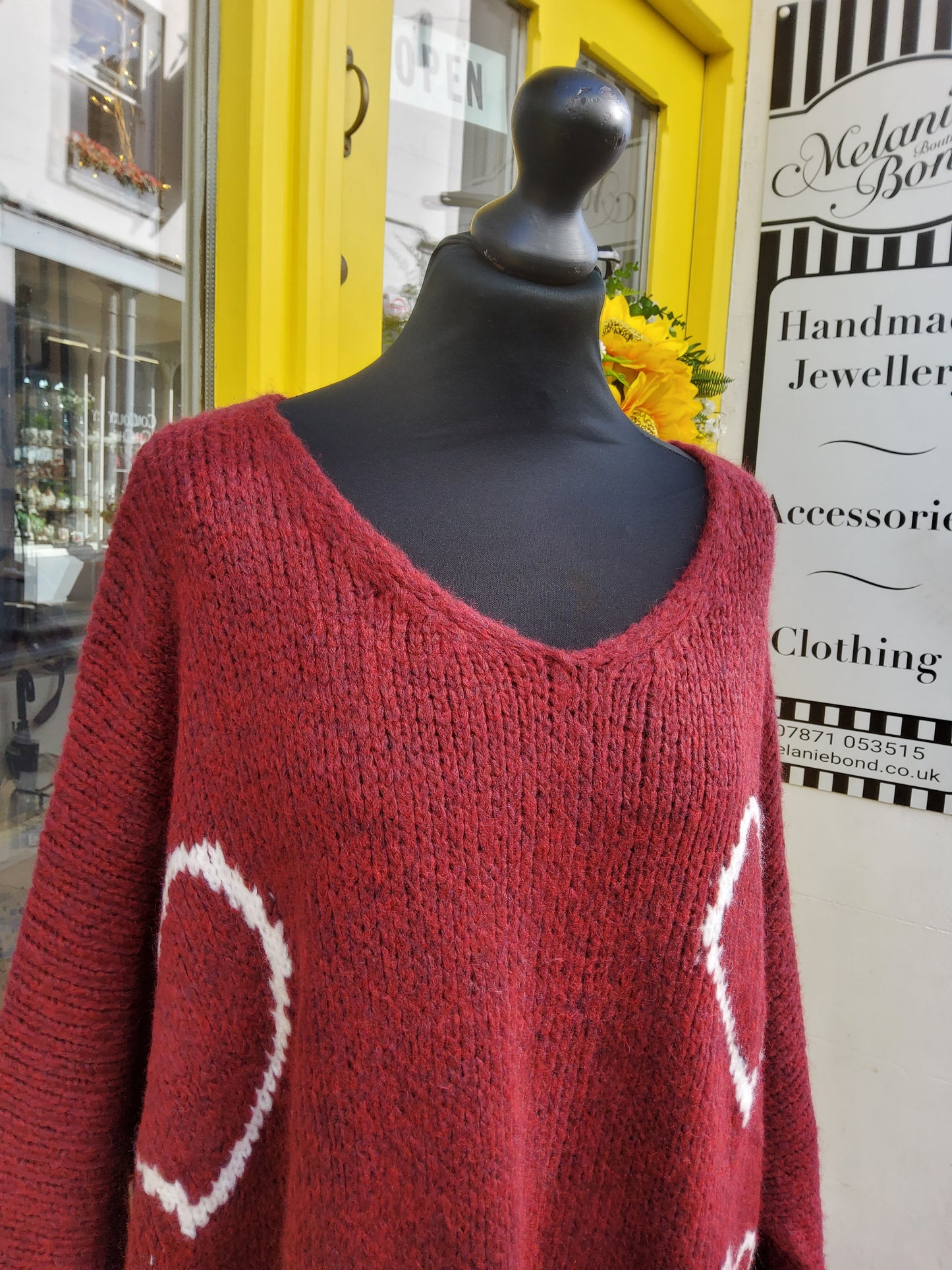 V-Neck Burgundy Heart Jumper