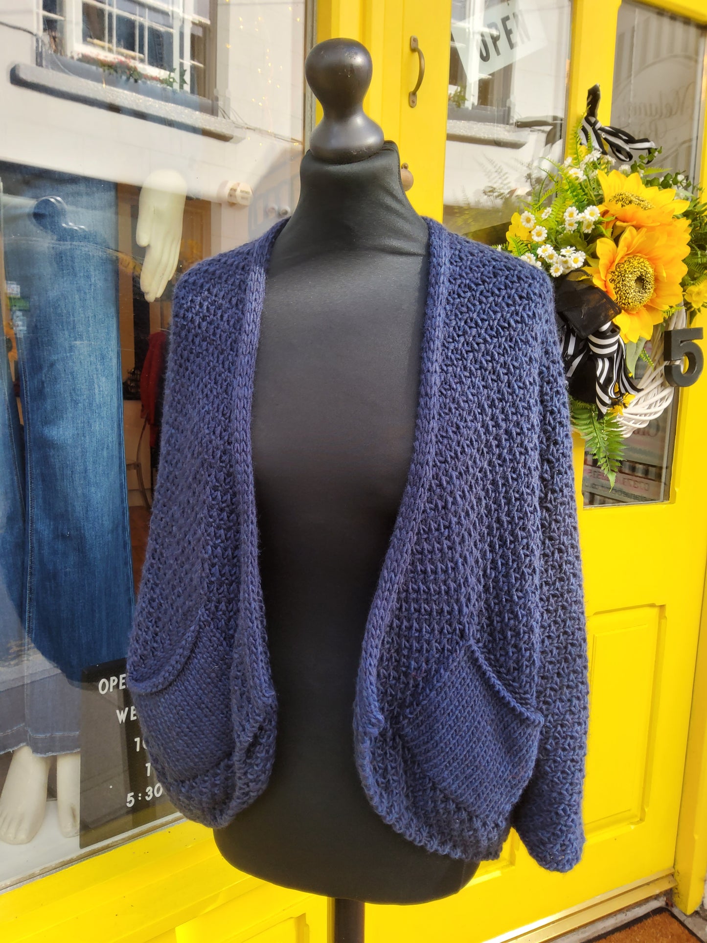 Navy Open Knitted Cardigan with Pockets