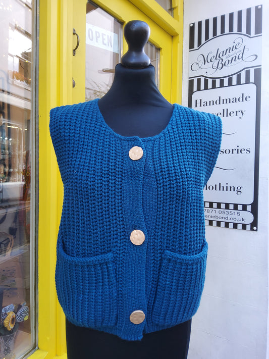 Petrol Blue Chunky Knit Waistcoat