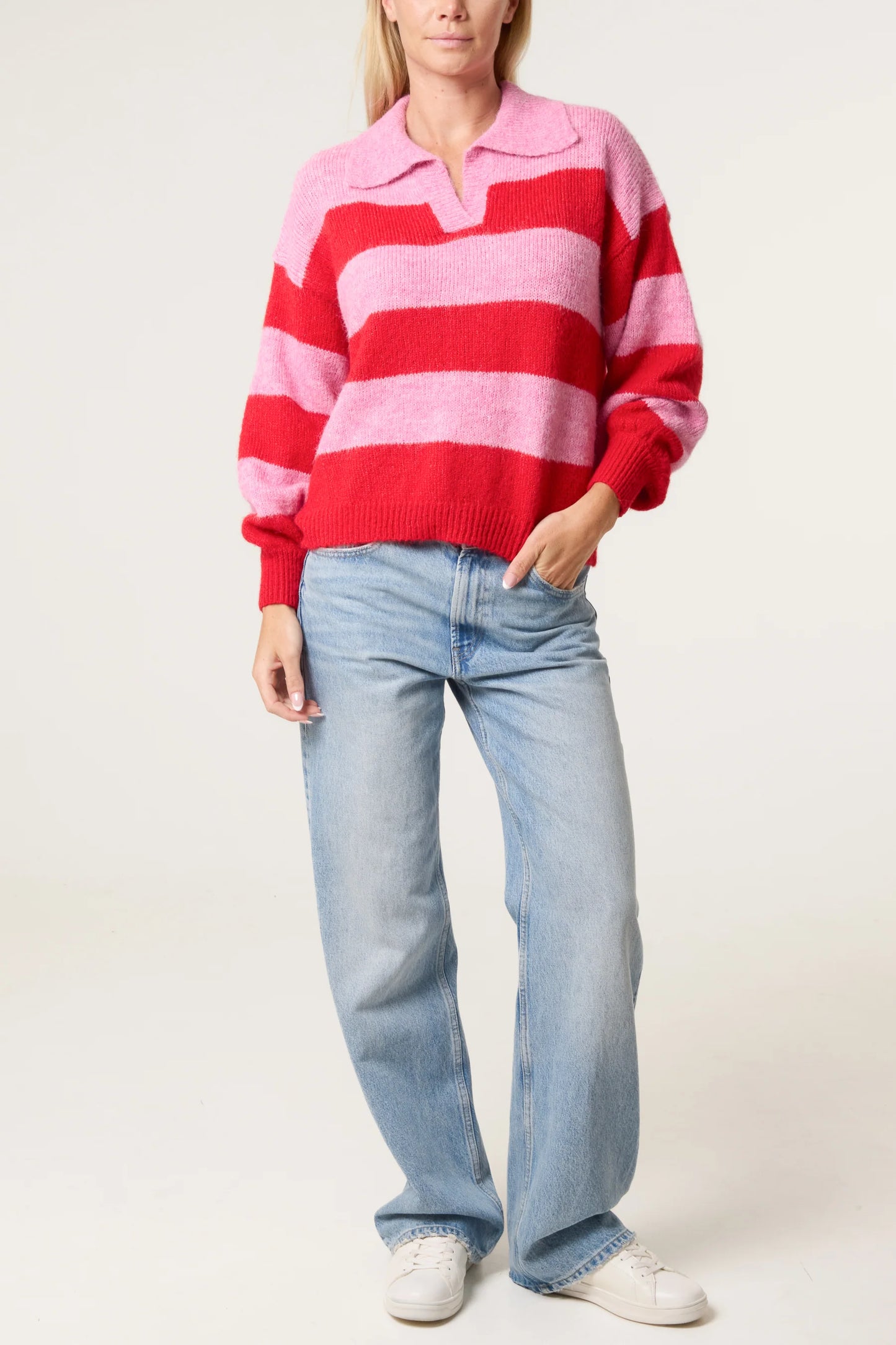 Polo Collar Striped Knit Jumper