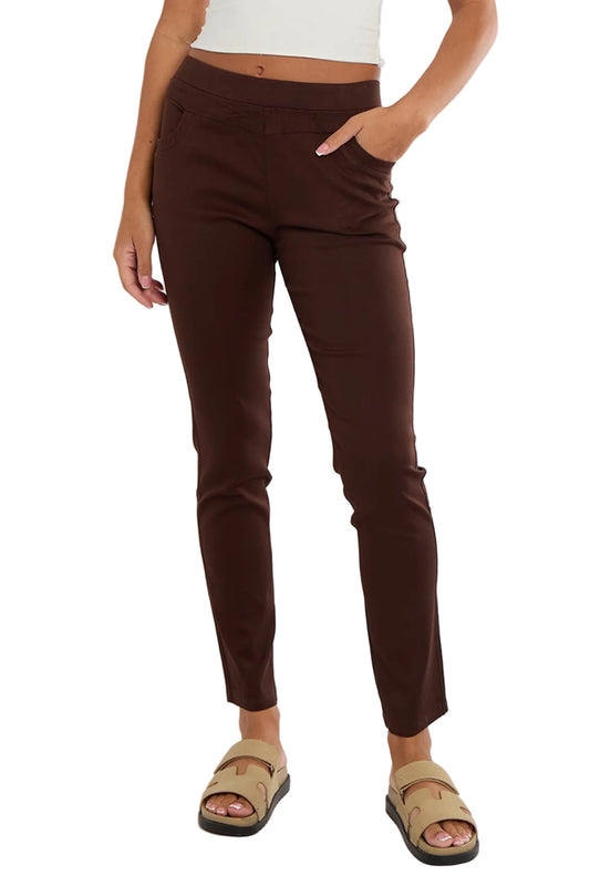 Super Soft High Waist Pull-on 4 Way Stretch Magic Trousers Brown