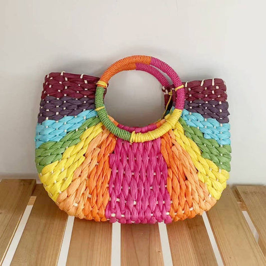 Small Rainbow Raffia Handbag with Circular Handles