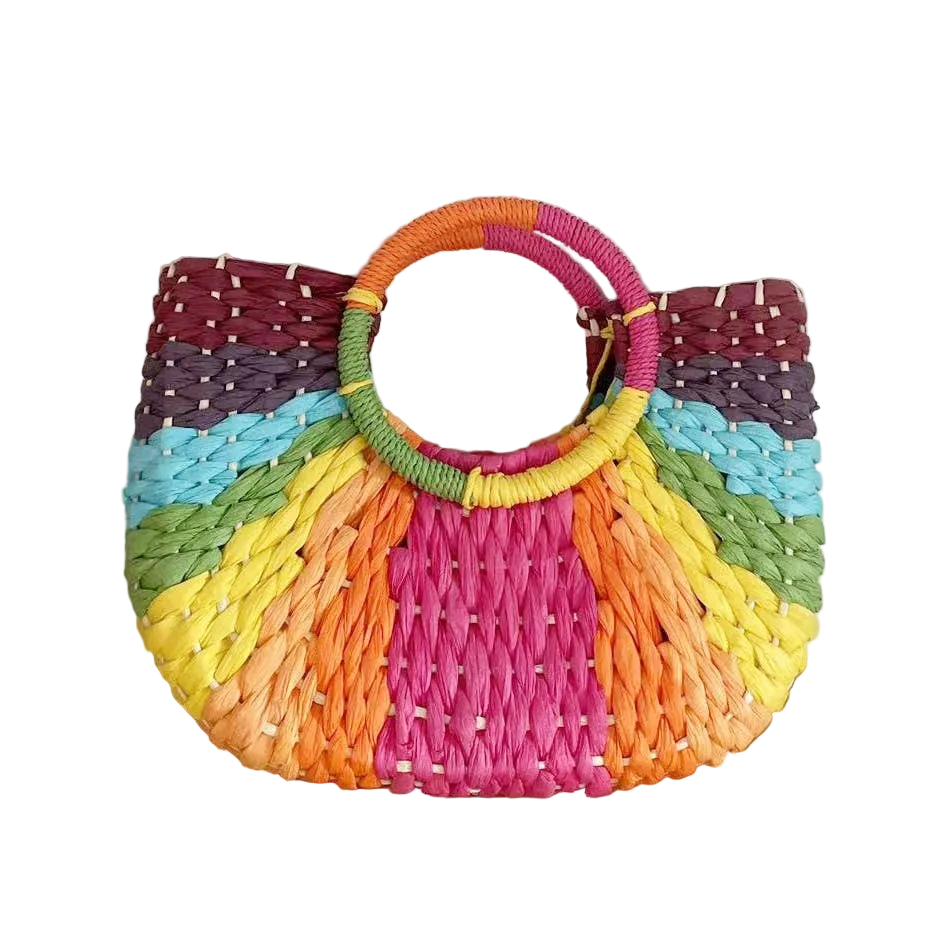 Small Rainbow Raffia Handbag with Circular Handles