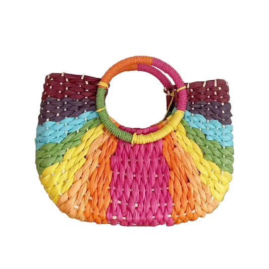 Small Rainbow Raffia Handbag with Circular Handles