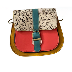 Coral and Yellow Dalmatian Print Half Moon Leather Crossbody