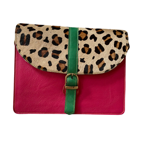 Pink Leather Animal Print Crossbody Bag with Green Buckle